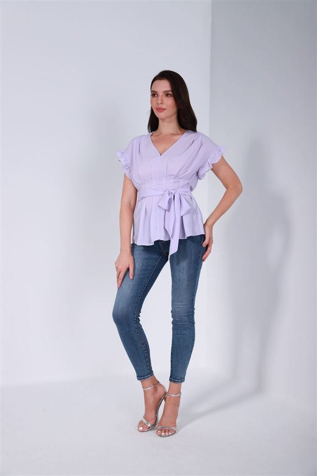 Ruffled Sleeves Top With Belt - Femi9 EG