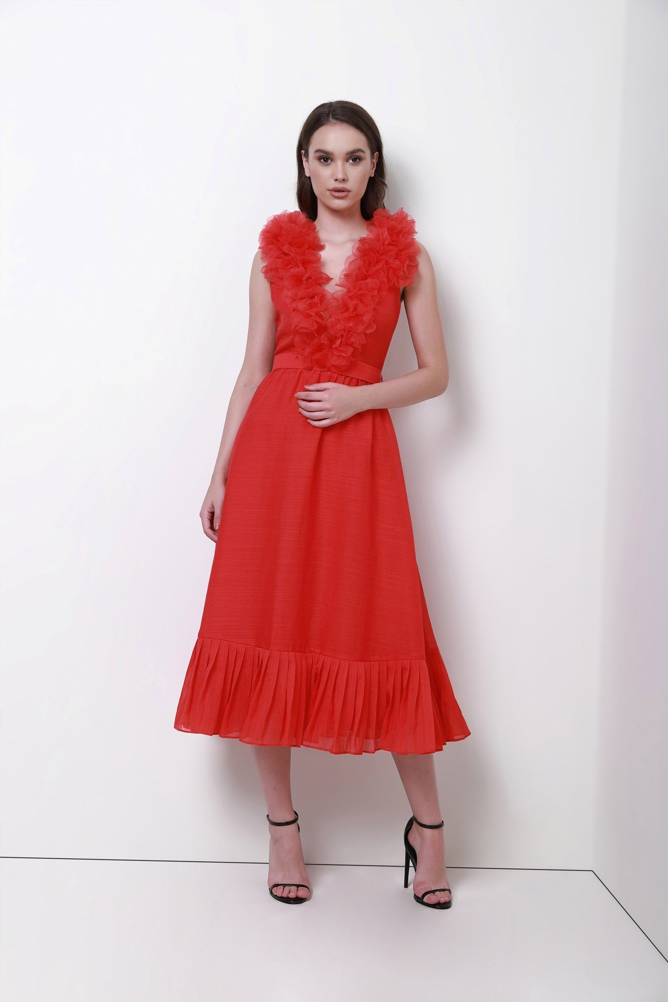 Ruffeled V Neckline Dress - Femi9 EG