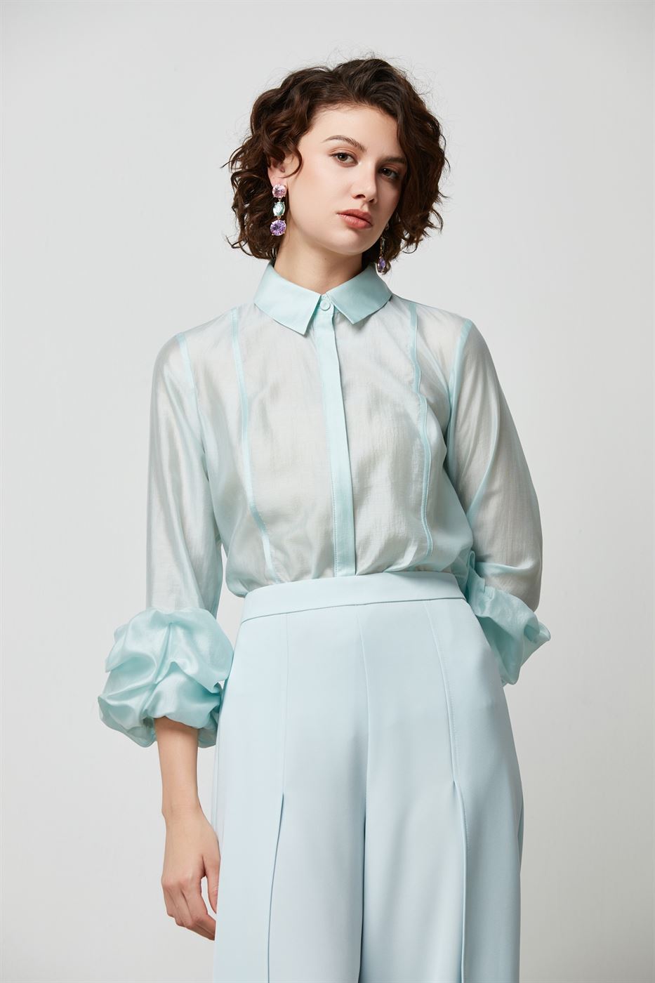 Ruffled Cuffs Collared Blouse - Femi9 EG
