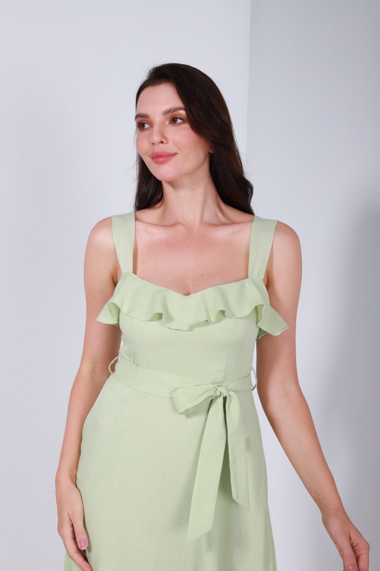Ruffled Neckline Tie Belt Dress - Femi9 EG