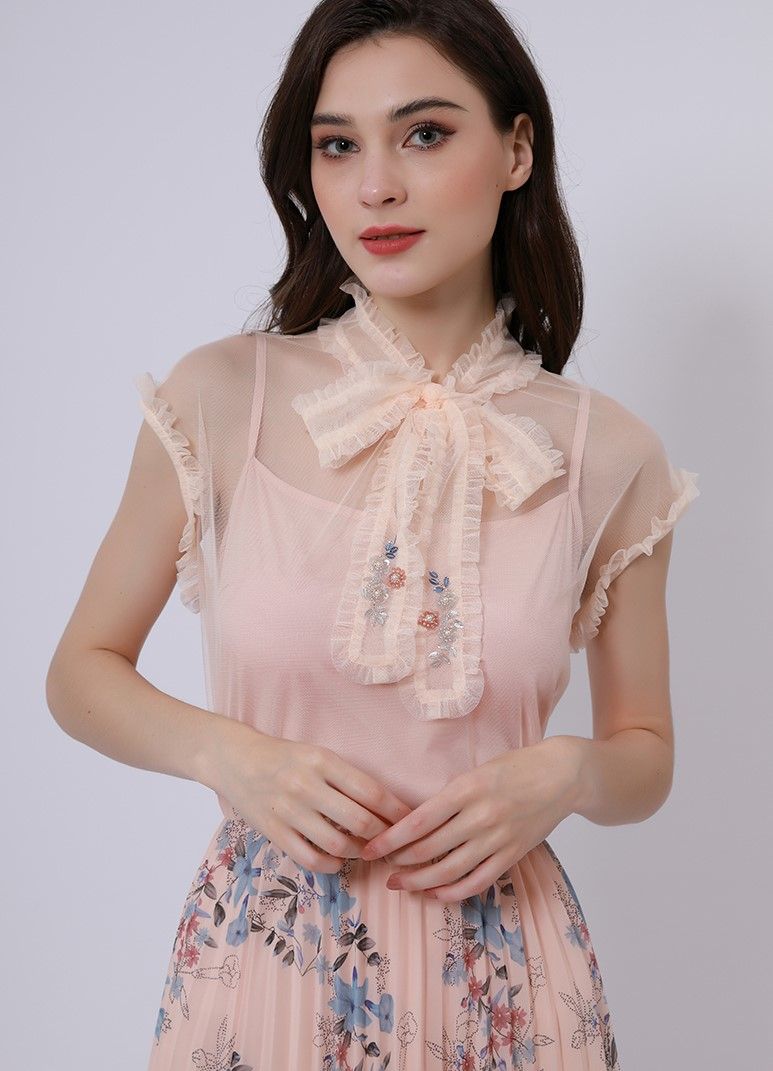 Embelished Neck Tie Blouse - Femi9 EG