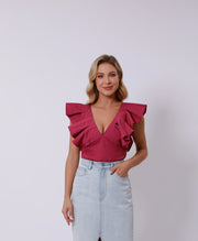 V-Neckline Ruffle Trim Top - Femi9 EG