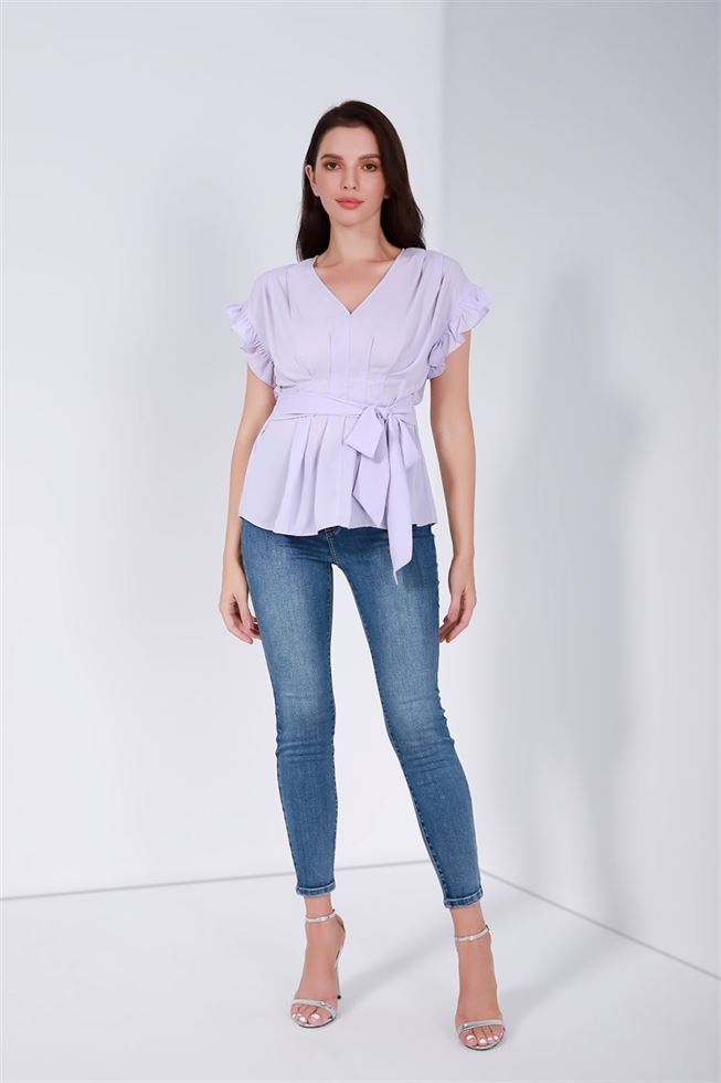 Ruffled Sleeves Top With Belt - Femi9 EG