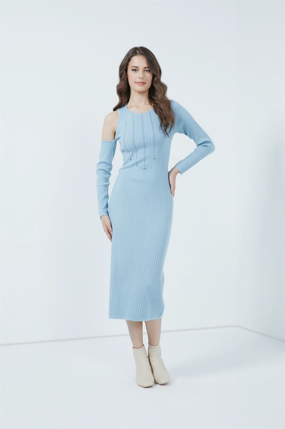 Pearls Embellishment Rib Dress - Femi9 EG