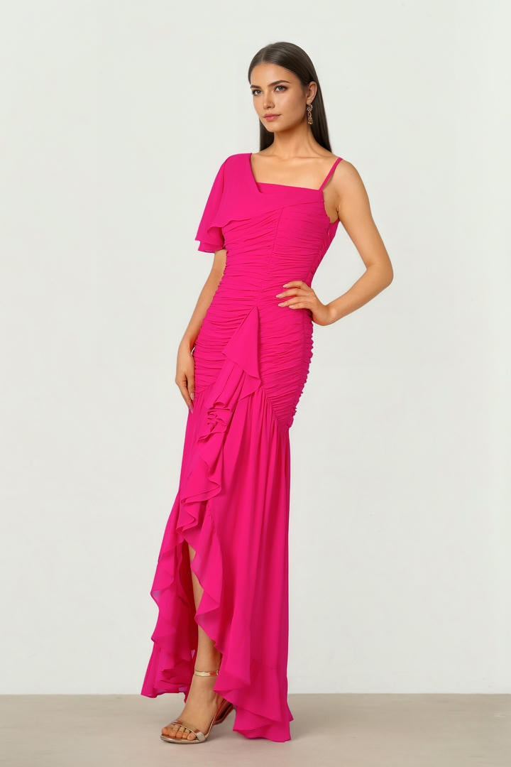 Fuchsia Asymmetrical Shoulder Dress