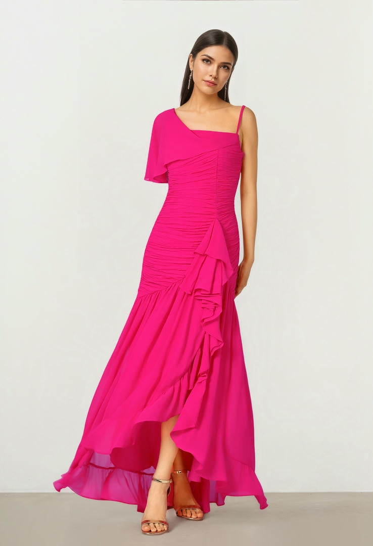 Fuchsia Asymmetrical Shoulder Dress