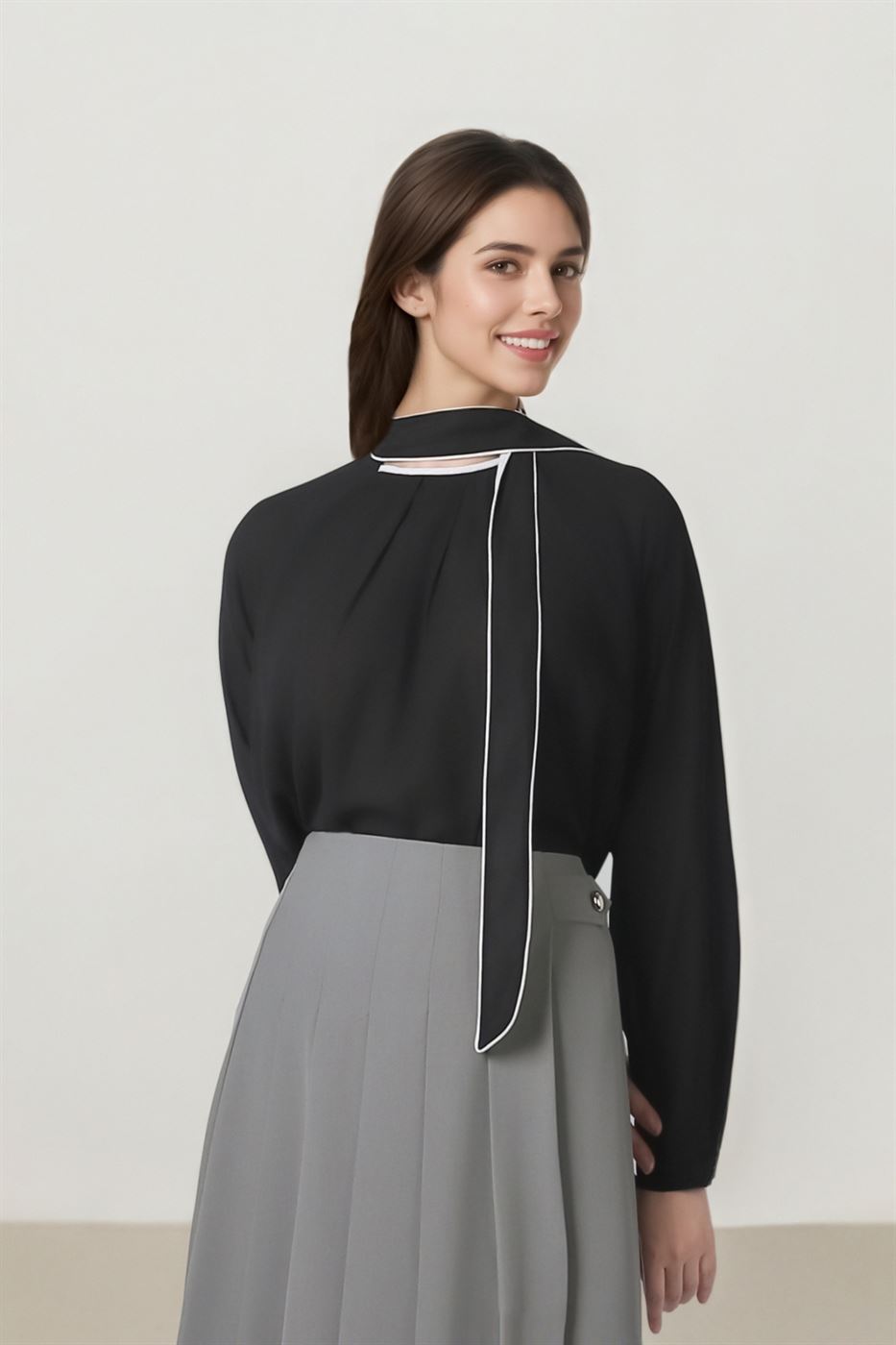 Contrast Tie-Neck Crepe Top - Femi9 EG