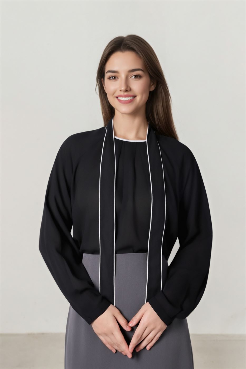 Contrast Tie-Neck Crepe Top - Femi9 EG