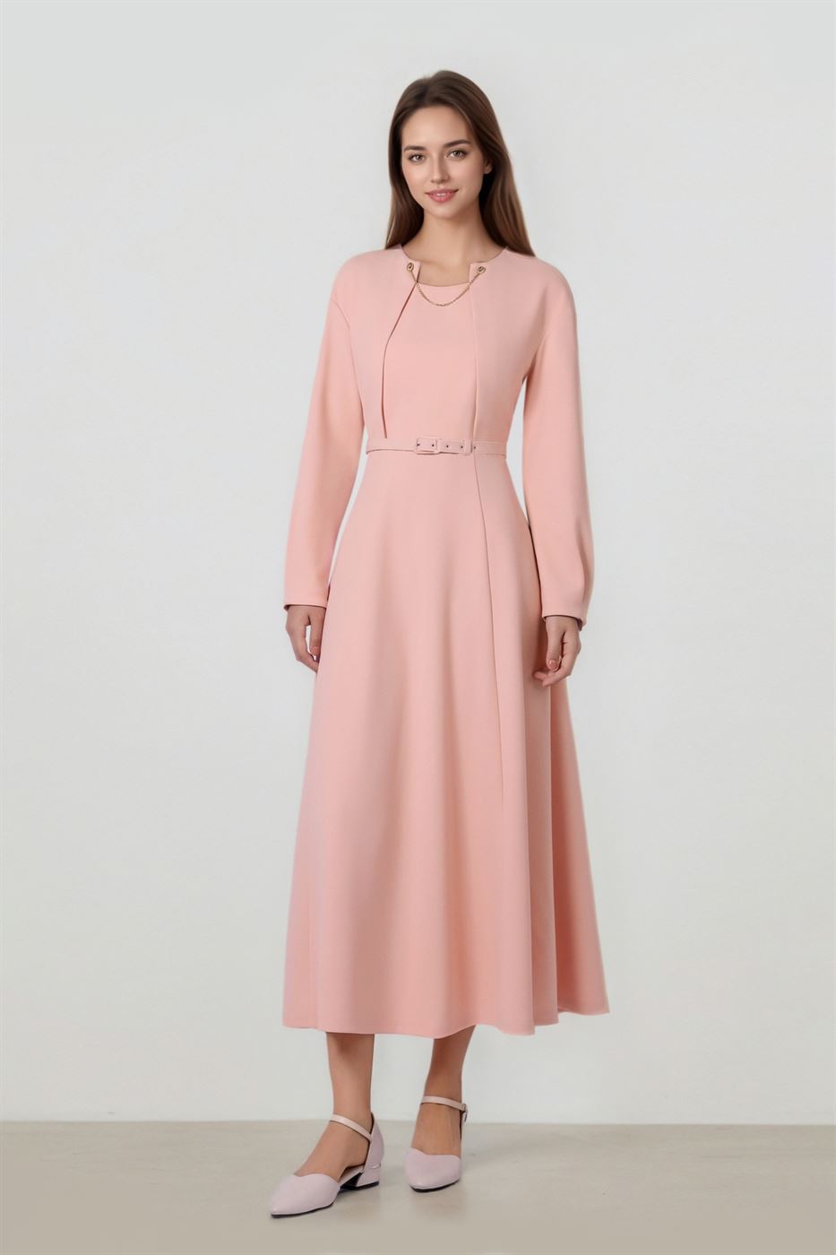 Long Sleeve Belted Waist-Midi Dress - Femi9 EG