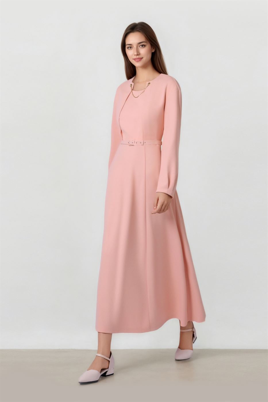 Long Sleeve Belted Waist-Midi Dress - Femi9 EG