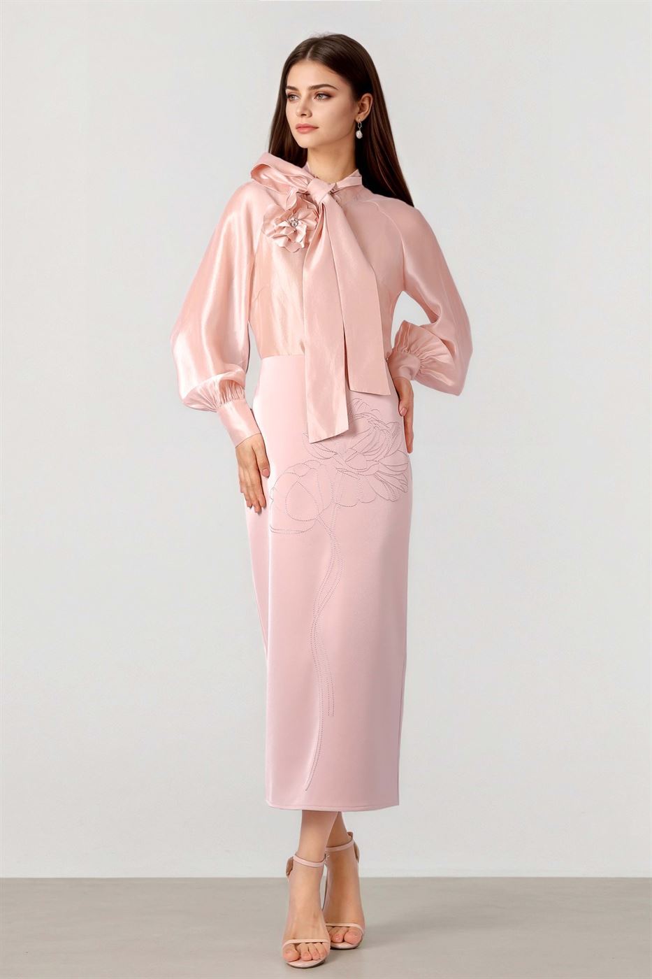 Midi Skirt with Embroidered Flowers