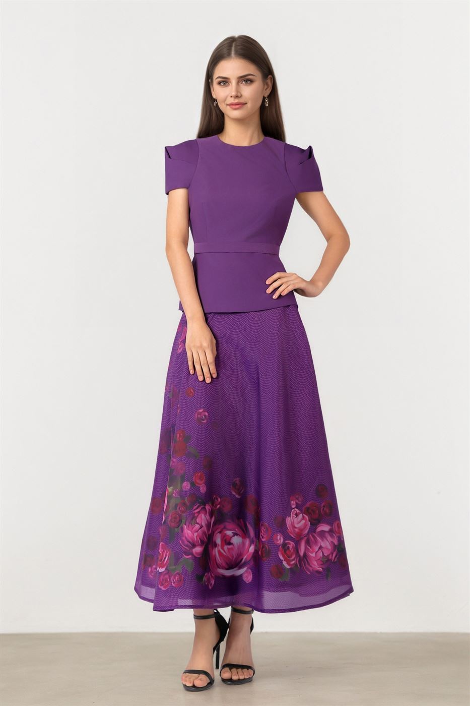 Fitted Peplum Top in Purple Crepe