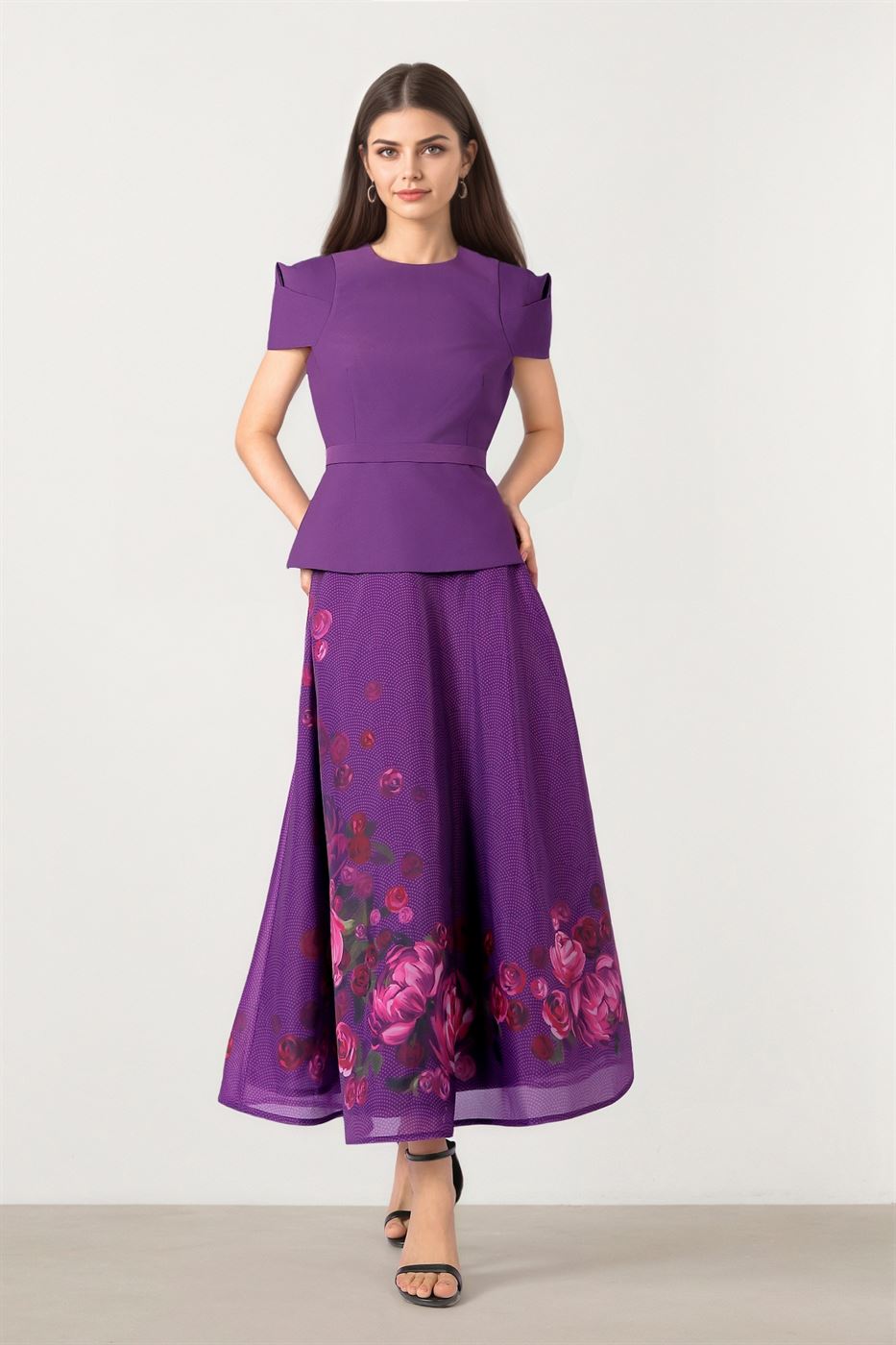 Fitted Peplum Top in Purple Crepe