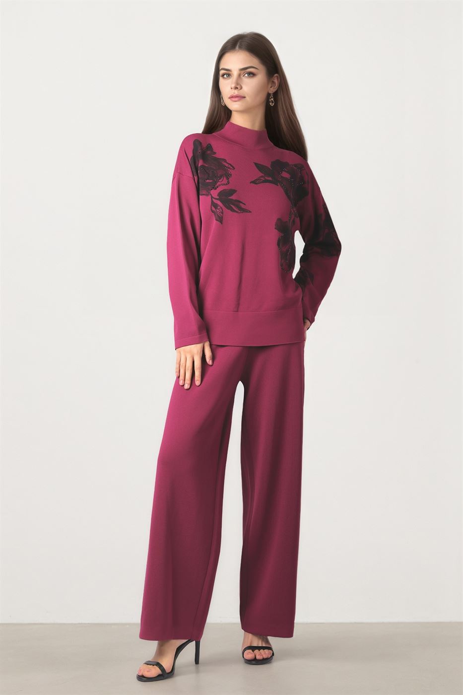 Burgundy Wide-Leg Knit Pants