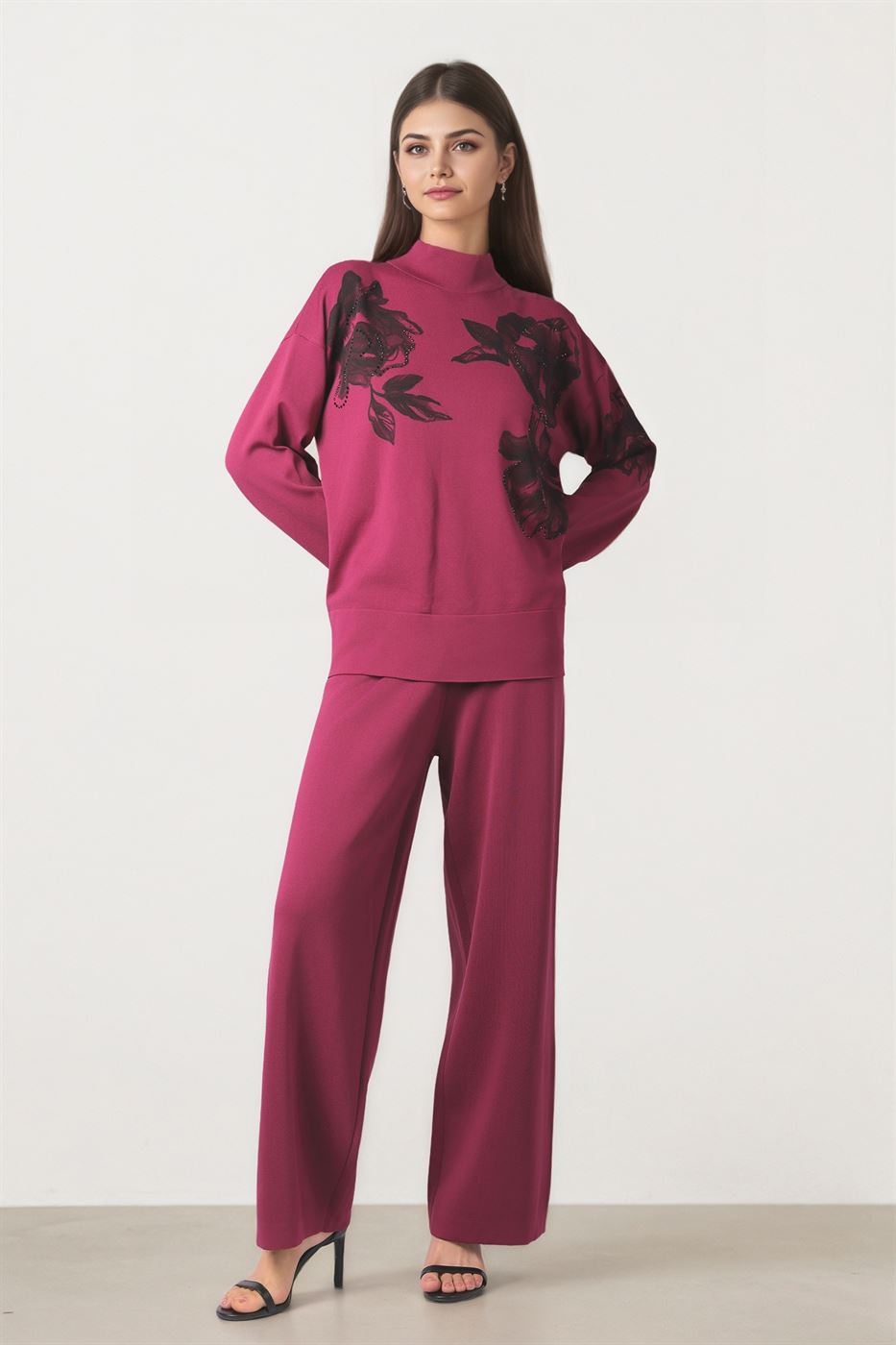 Burgundy Wide-Leg Knit Pants