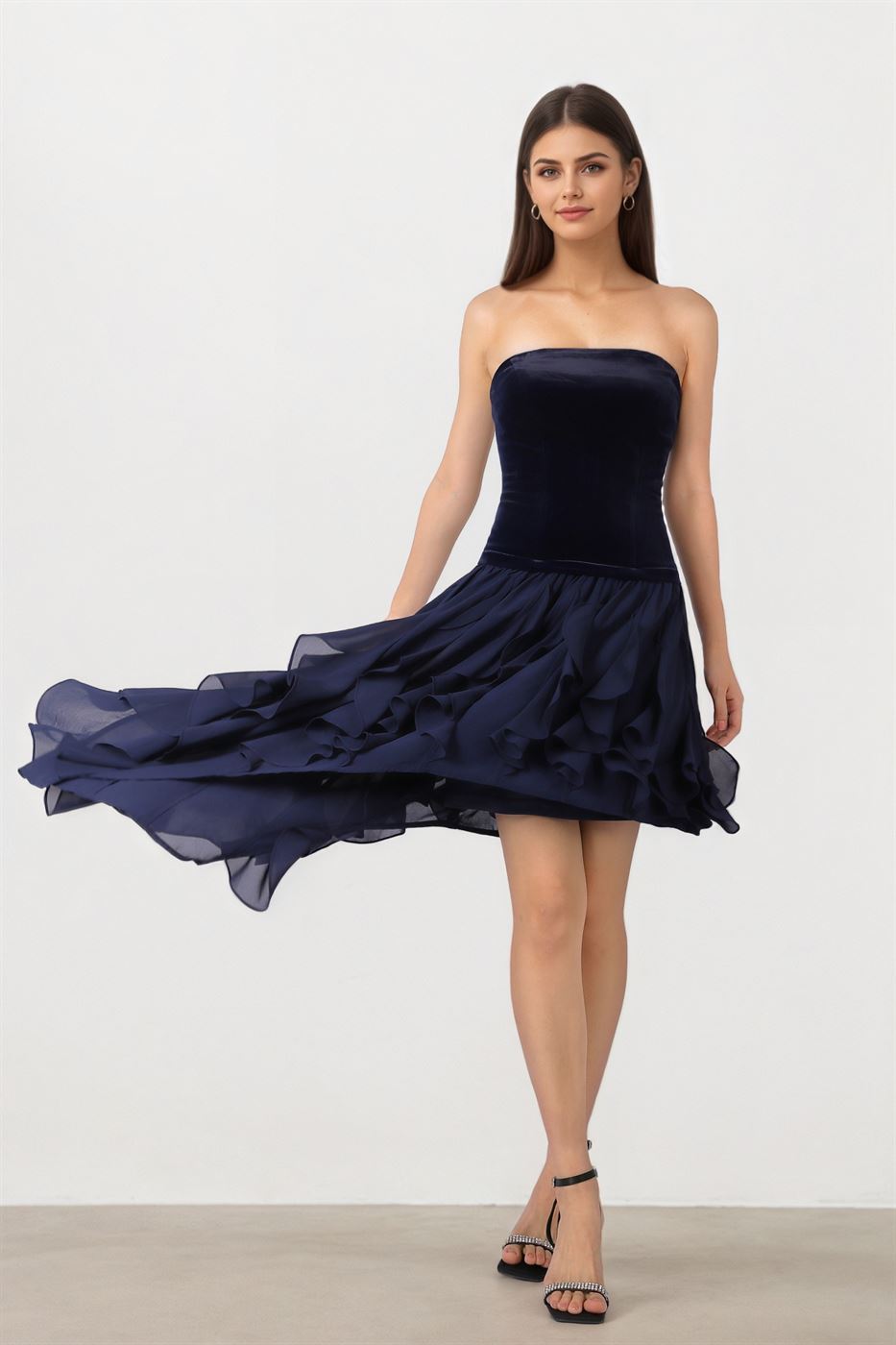 Velvet Dress with Chiffon Ruffle Hem