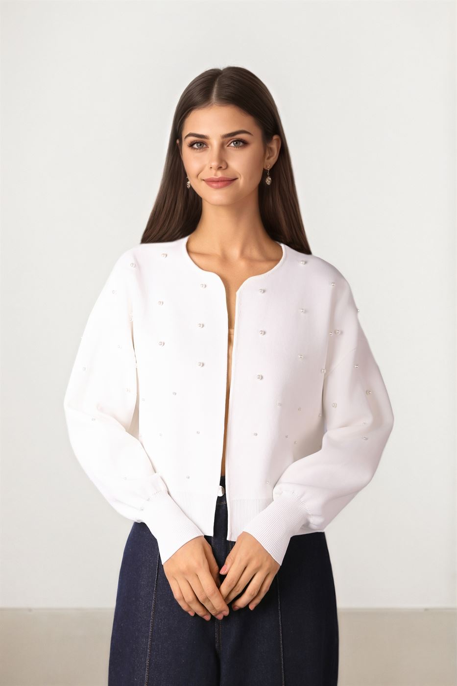 Pearl-Embellished Cropped Cardigan
