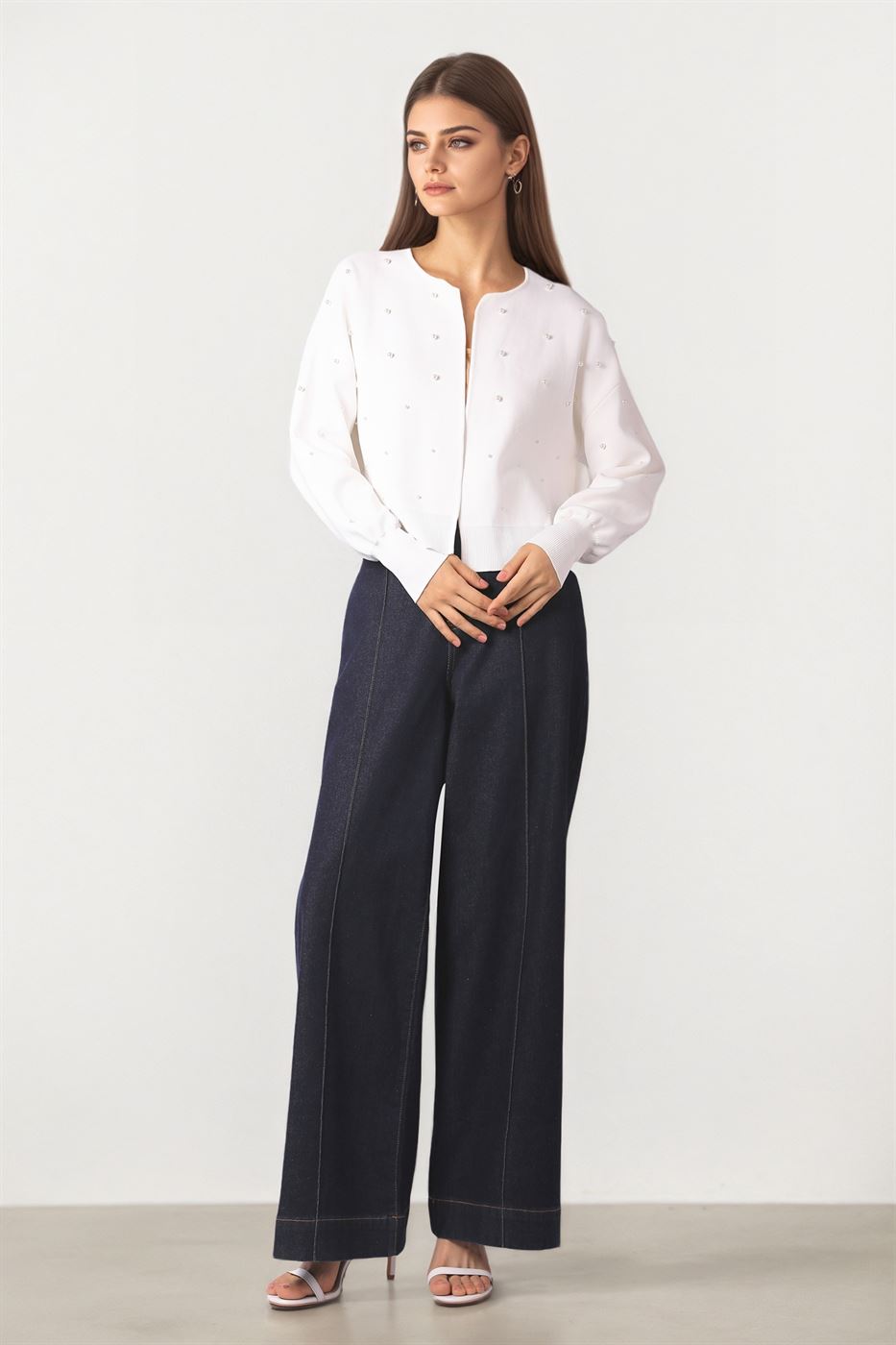 Pearl-Embellished Cropped Cardigan