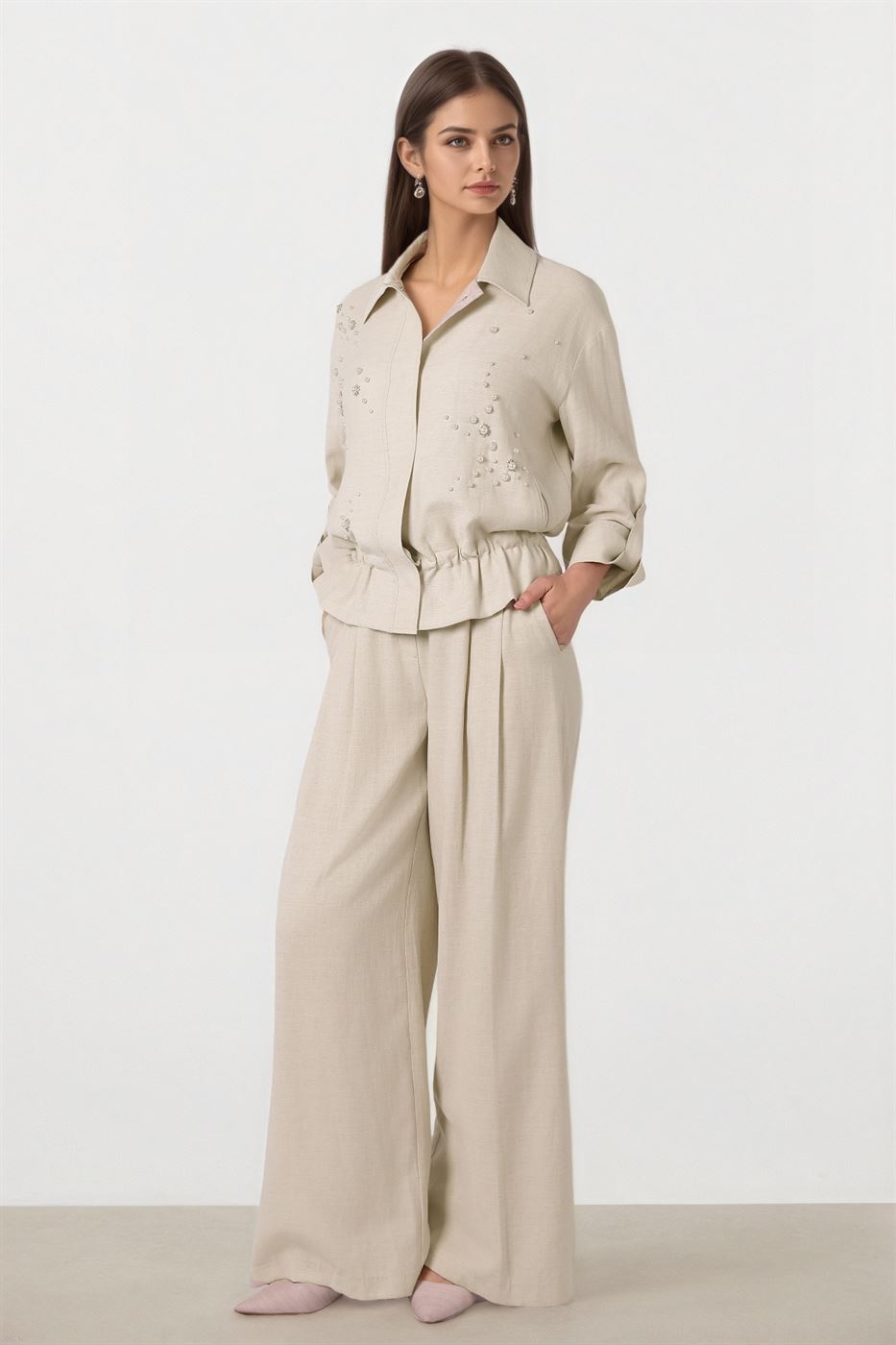 BEIGE WIDE LEG PANTS