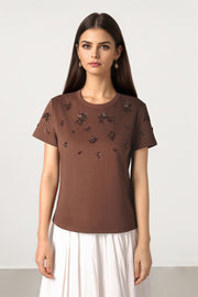 EMBELLISHED BROWN T-SHIRT