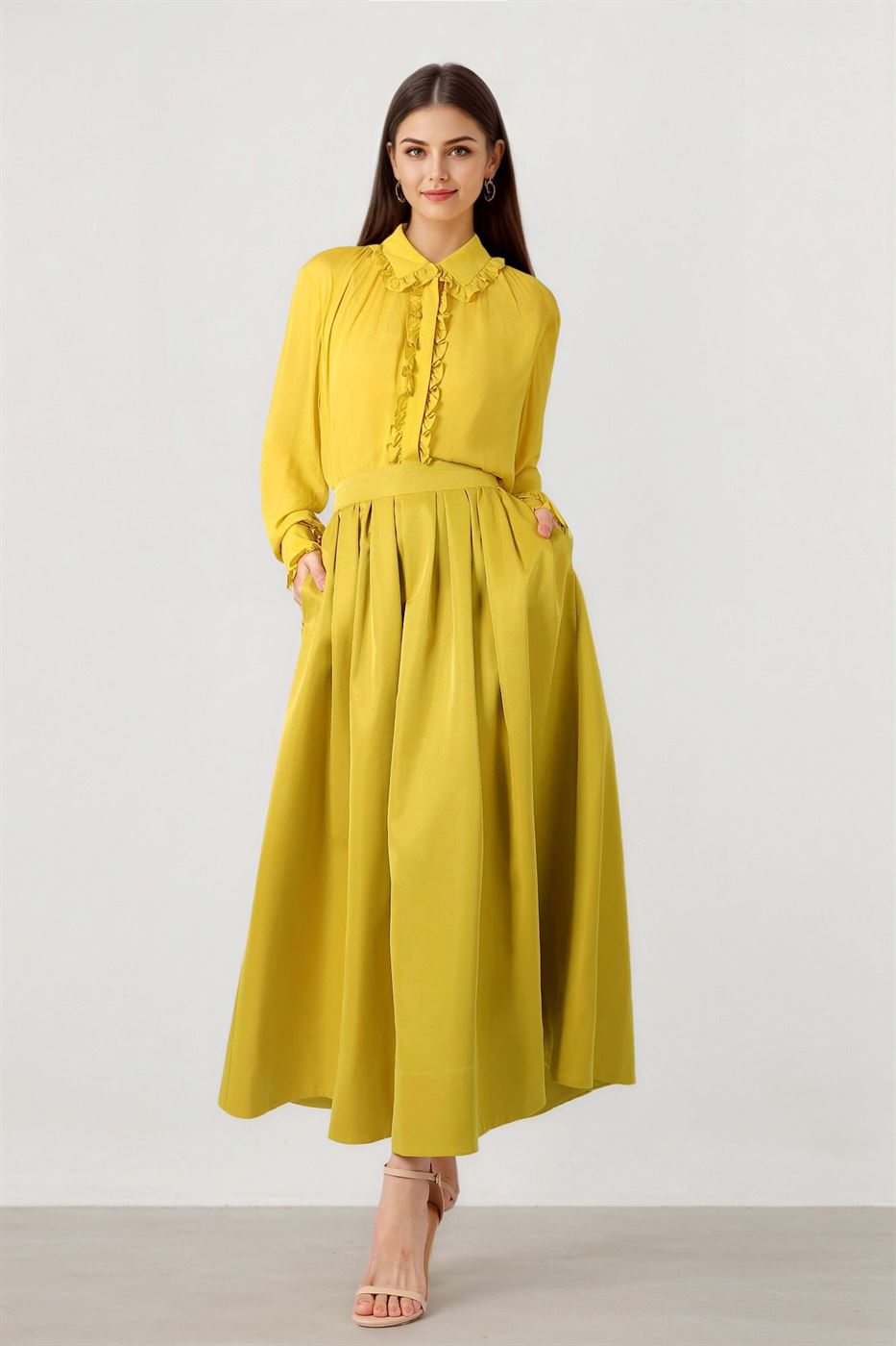 Olive Taffeta Midi Skirt