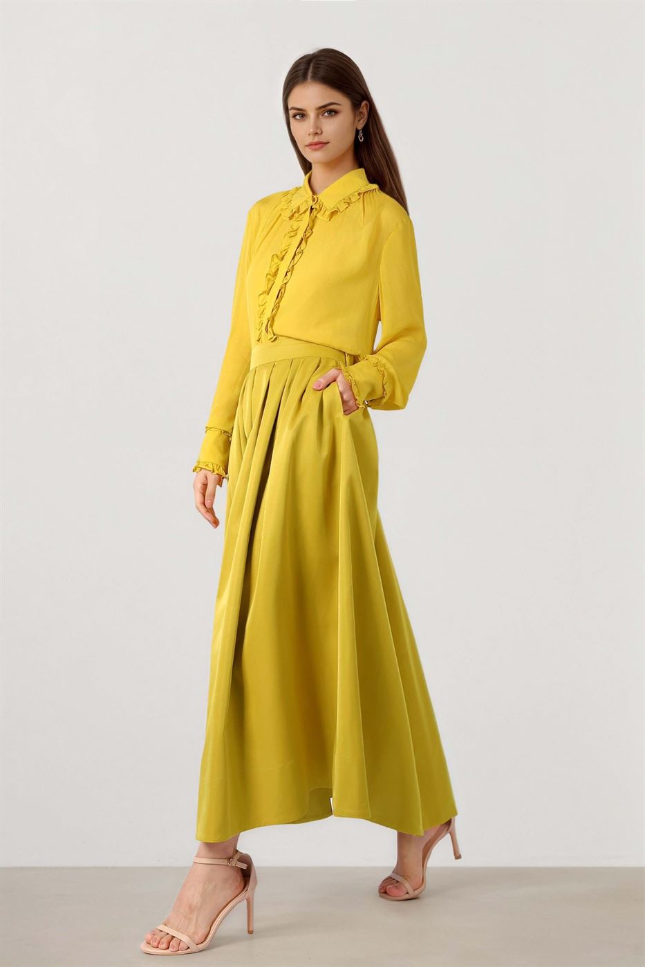 Olive Taffeta Midi Skirt