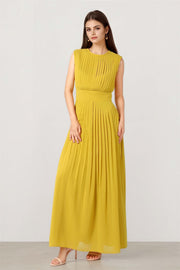 Olive Pleated Chiffon Dress