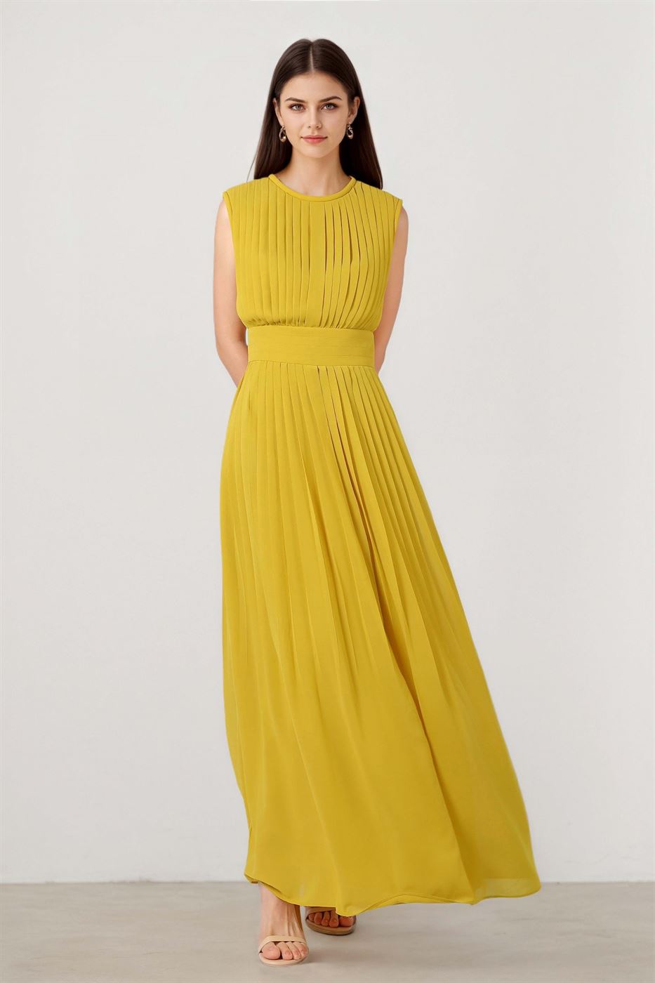 Olive Pleated Chiffon Dress