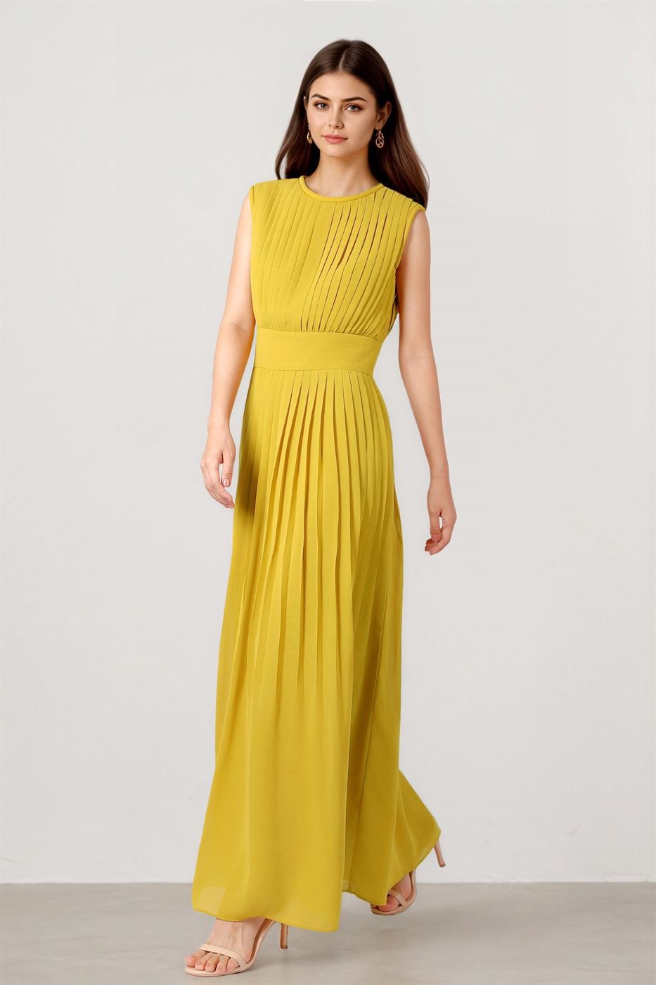 Olive Pleated Chiffon Dress
