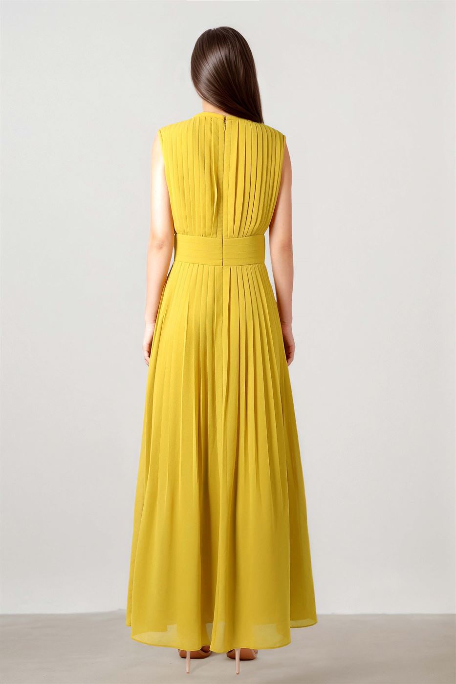 Olive Pleated Chiffon Dress