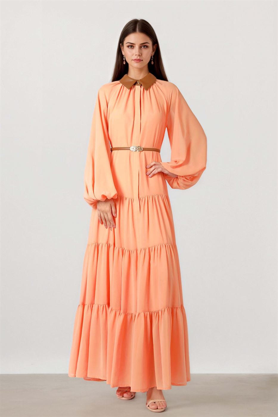 leather chiffon dress Chiffon midi dress with voluminous ruffles and eco-leather belt :: LICHI