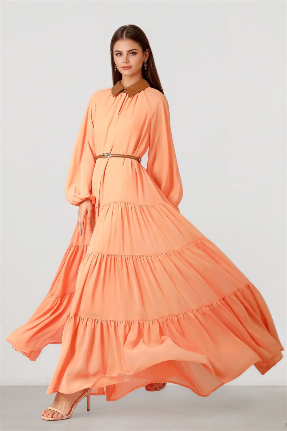 chiffon dress with a leather collar