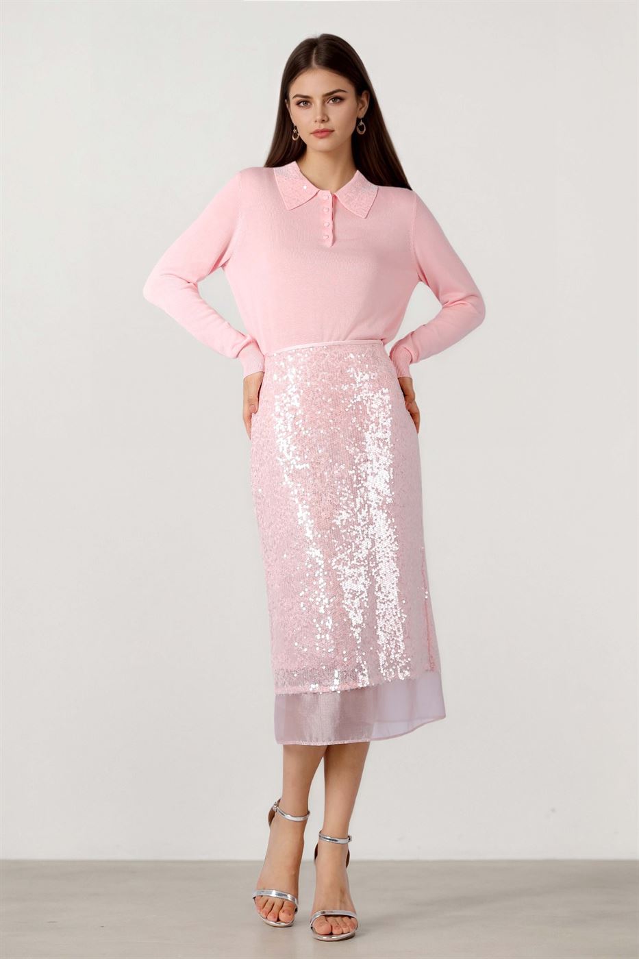Sequin Organza Midi Skirt
