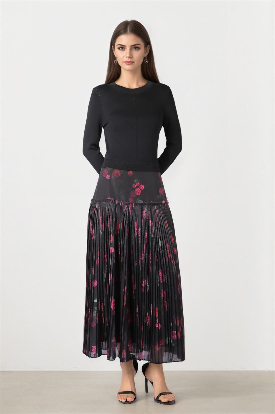 Knit & Chiffon Midi Dress