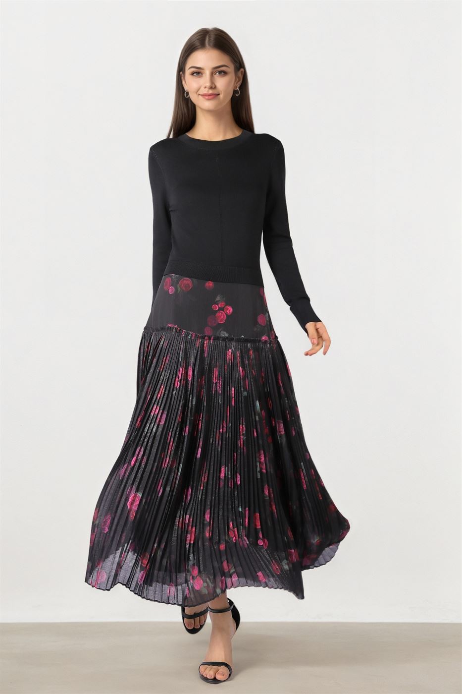 Knit & Chiffon Midi Dress