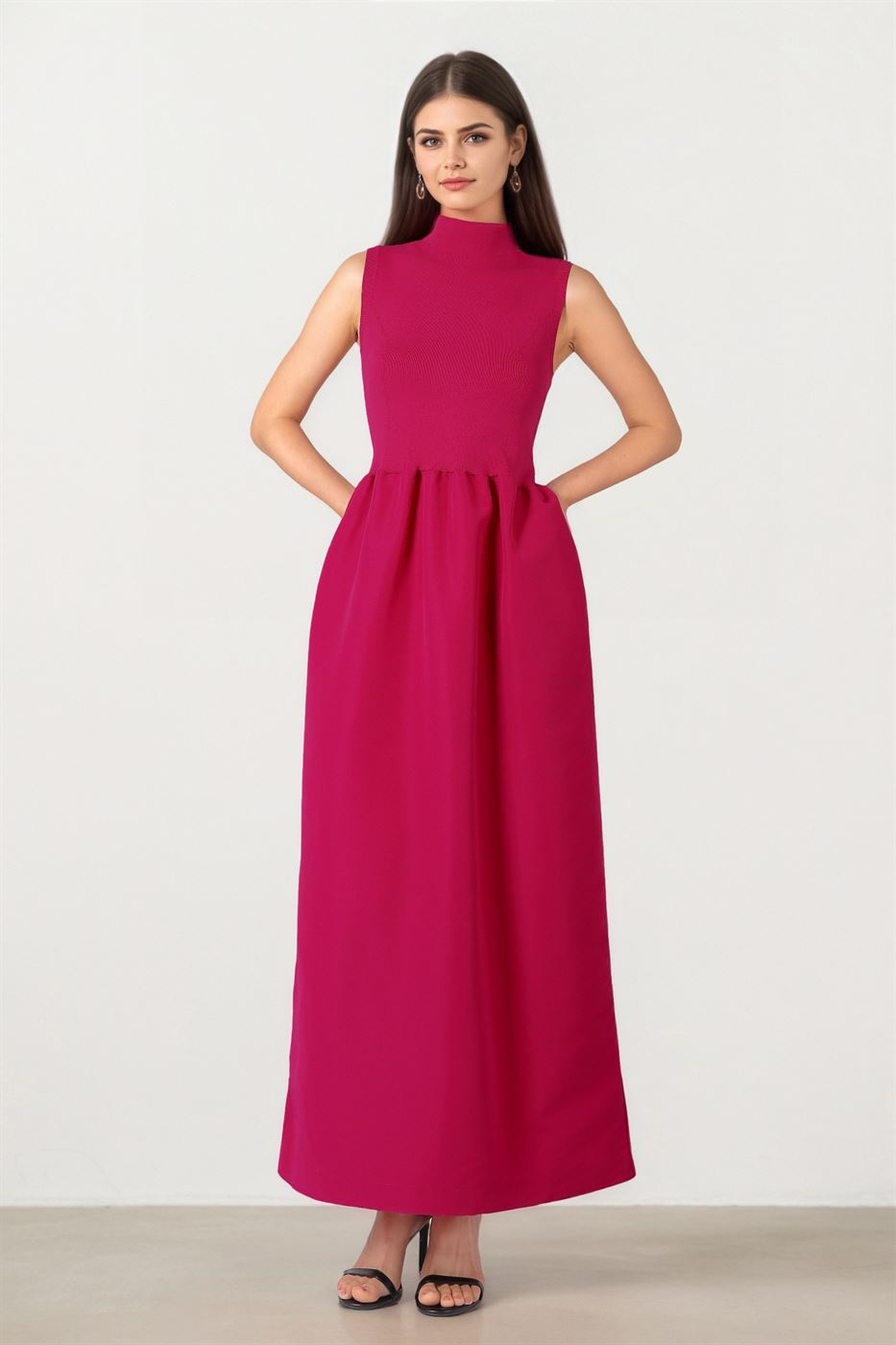 Fuchsia Dress with High Collar