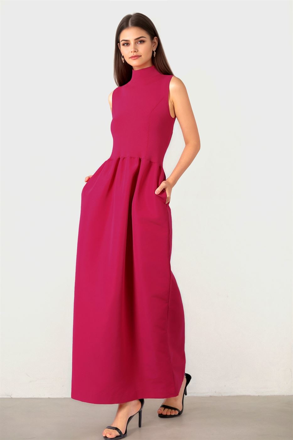 Fuchsia Dress with High Collar