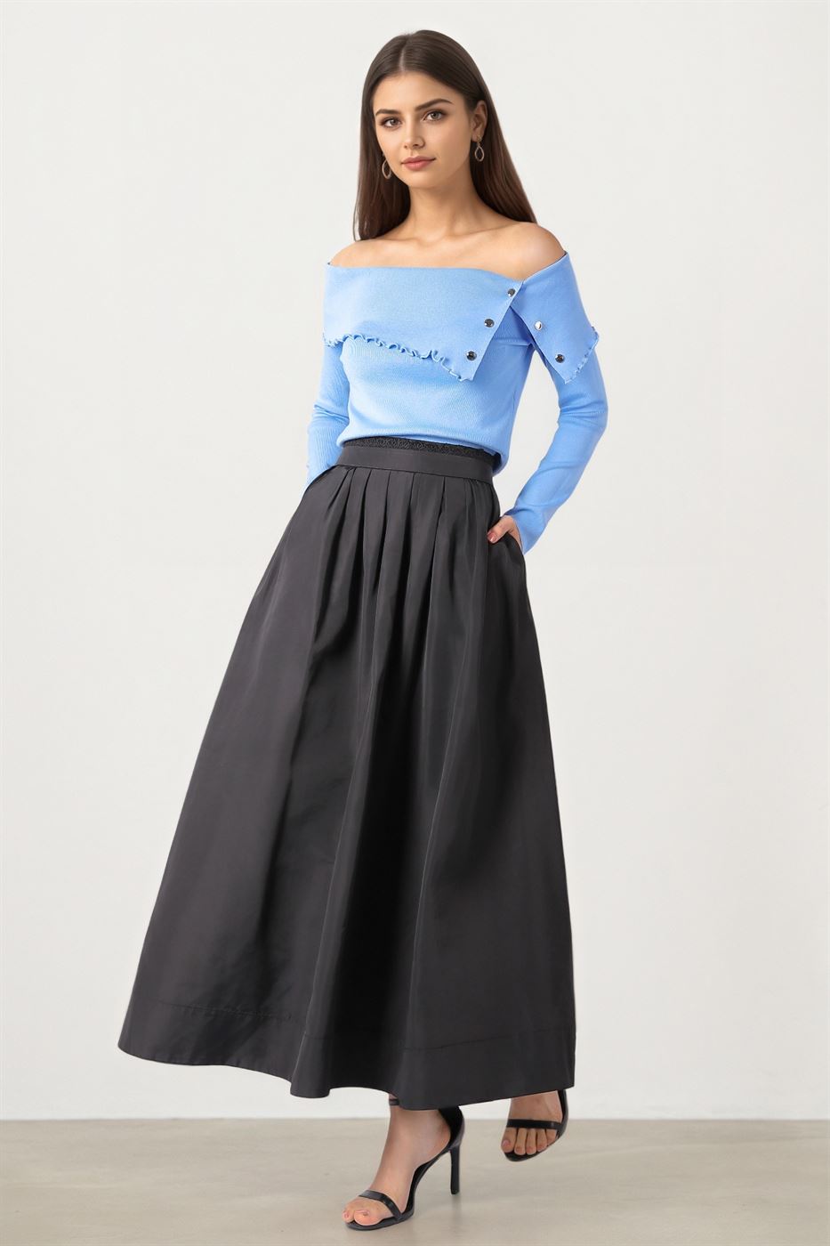 Taffeta Skirt with Lace-Trimmed Waist