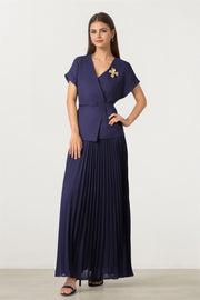 Pleated Maxi Dress with Brooch