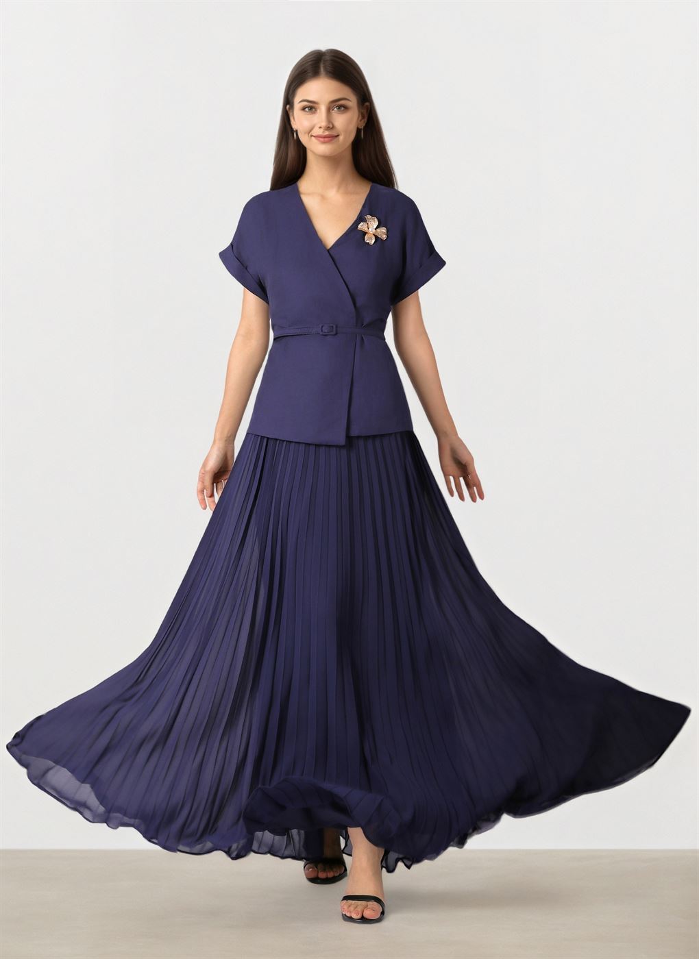 Pleated Maxi Dress with Brooch