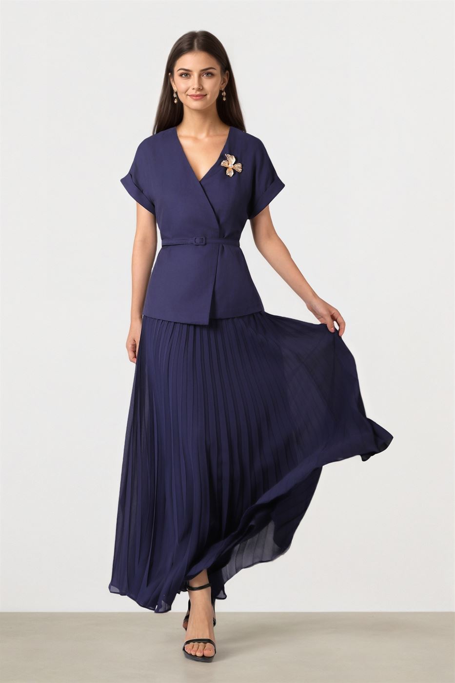 Pleated Maxi Dress with Brooch