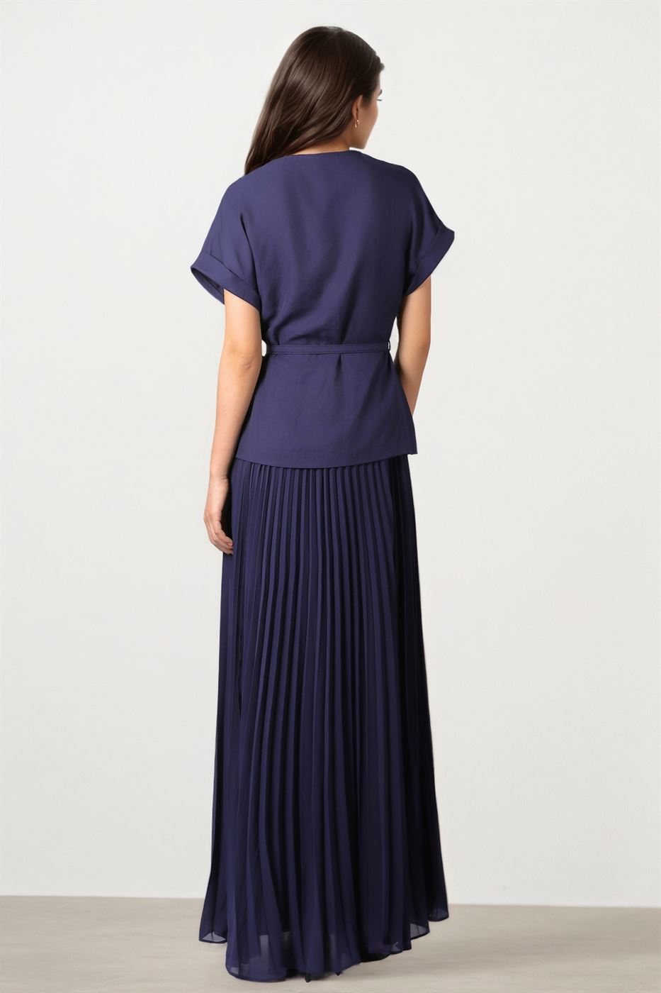Pleated Maxi Dress with Brooch