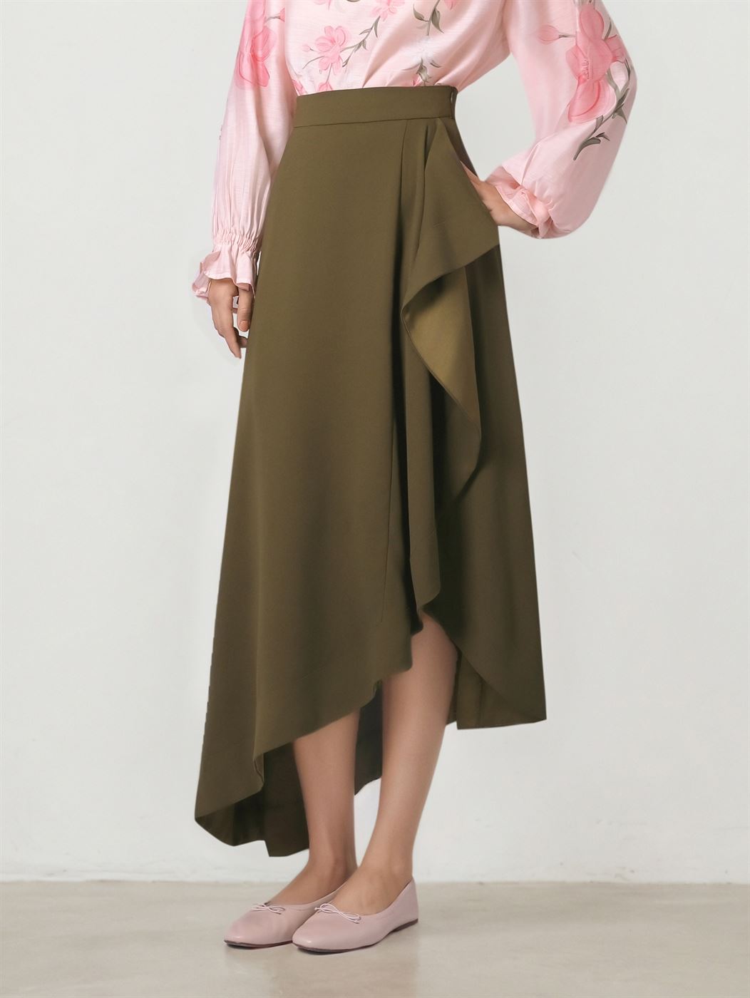 Olive Asymmetrical Crepe Skirt - Femi9 EG