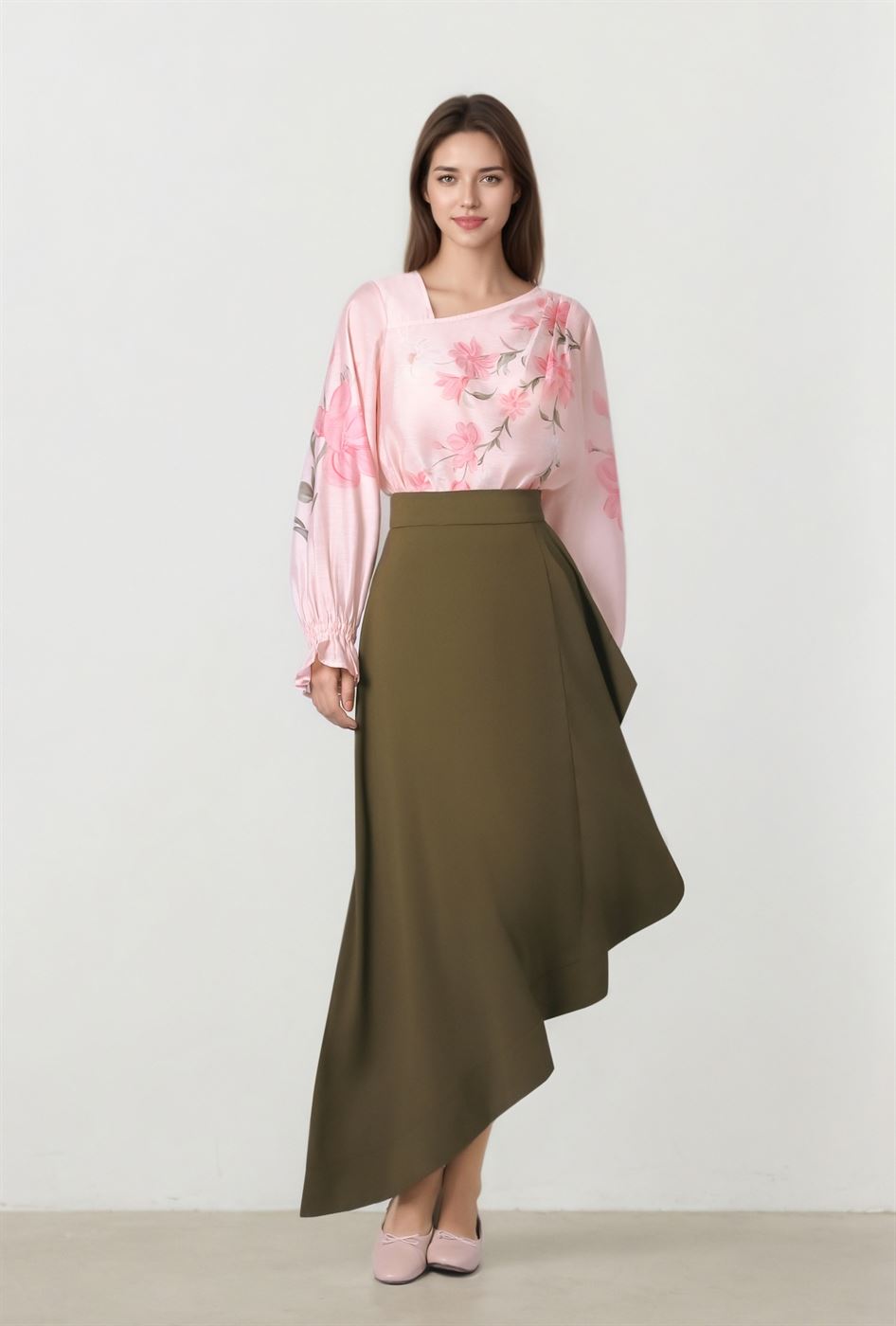 Olive Asymmetrical Crepe Skirt - Femi9 EG