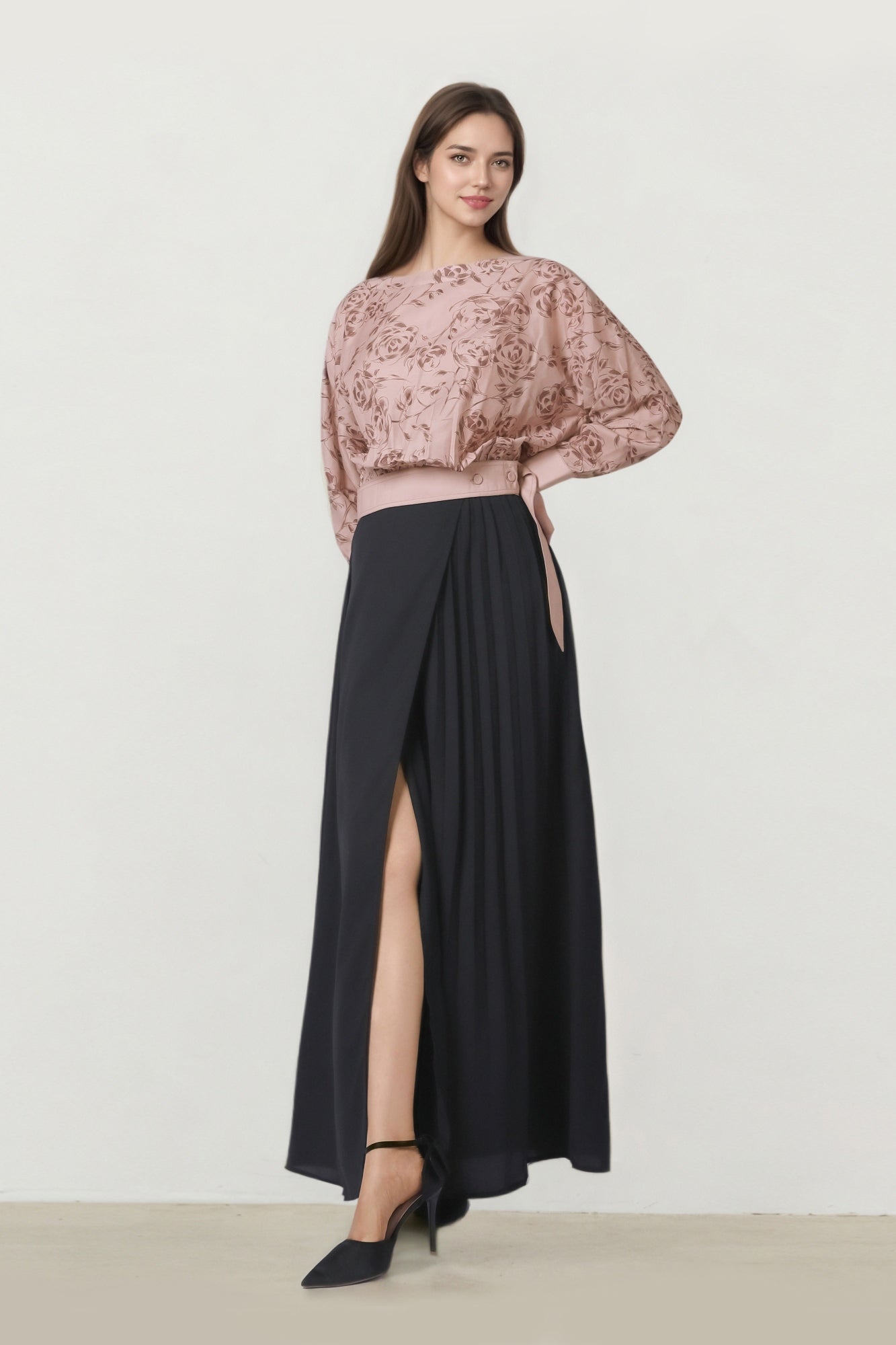 Black Pleated Crepe Maxi Skirt