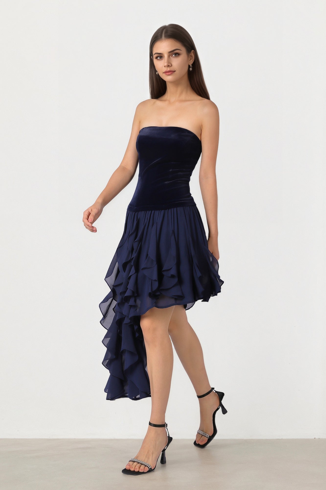 Velvet Dress with Chiffon Ruffle Hem