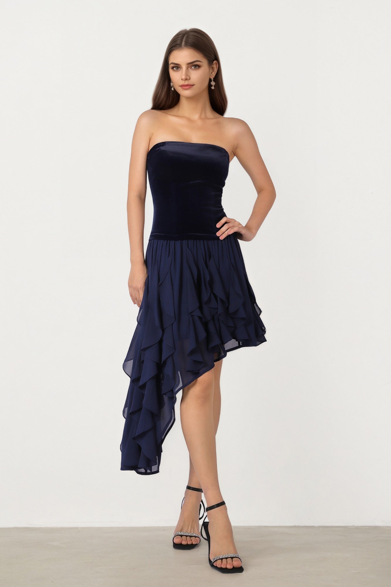 Velvet Dress with Chiffon Ruffle Hem