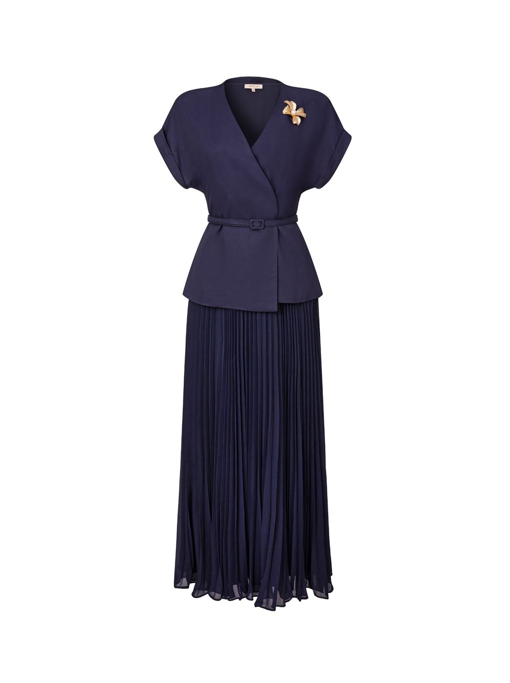 Pleated Maxi Dress with Brooch