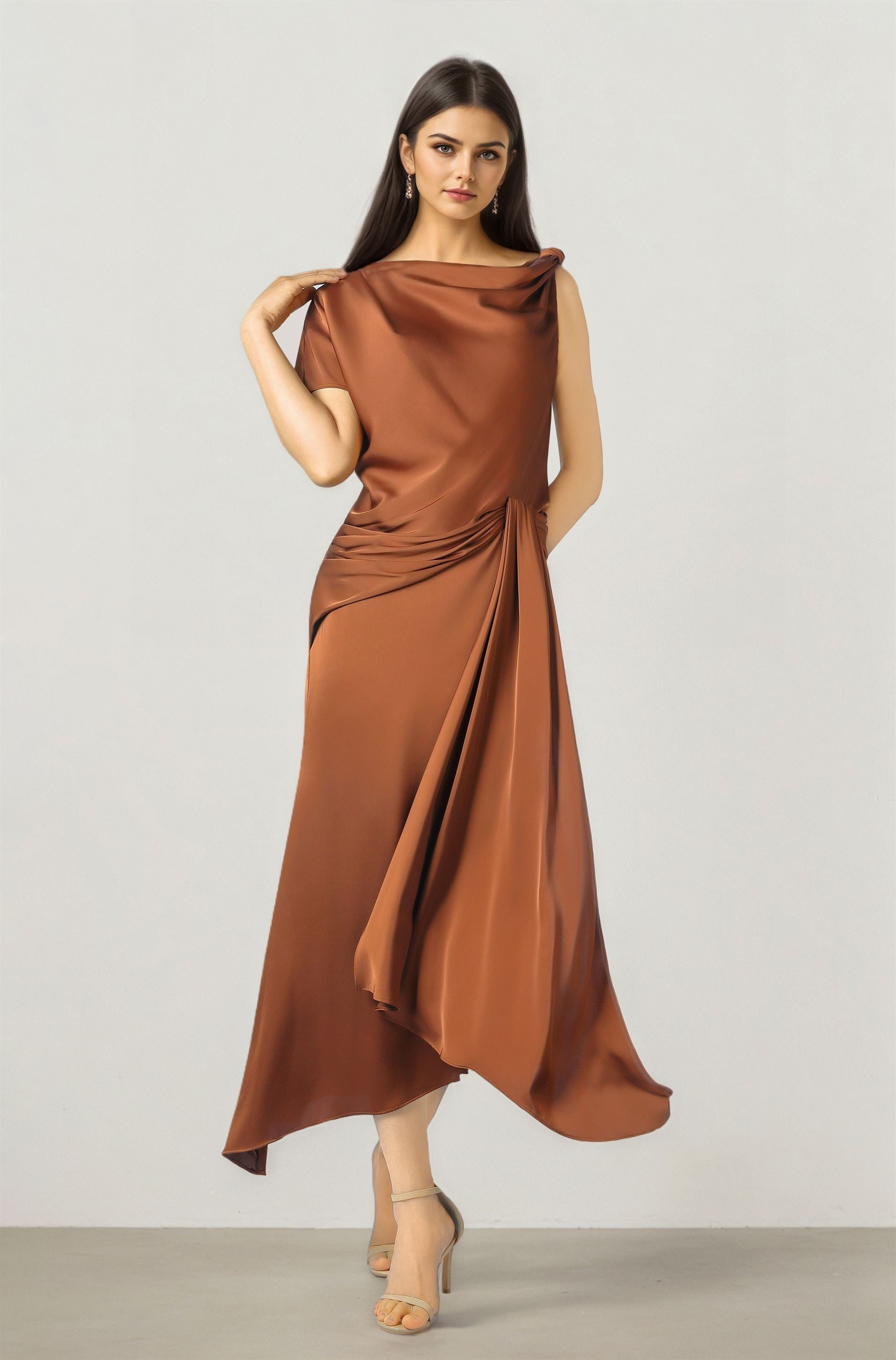 Mocha Satin Midi Dress