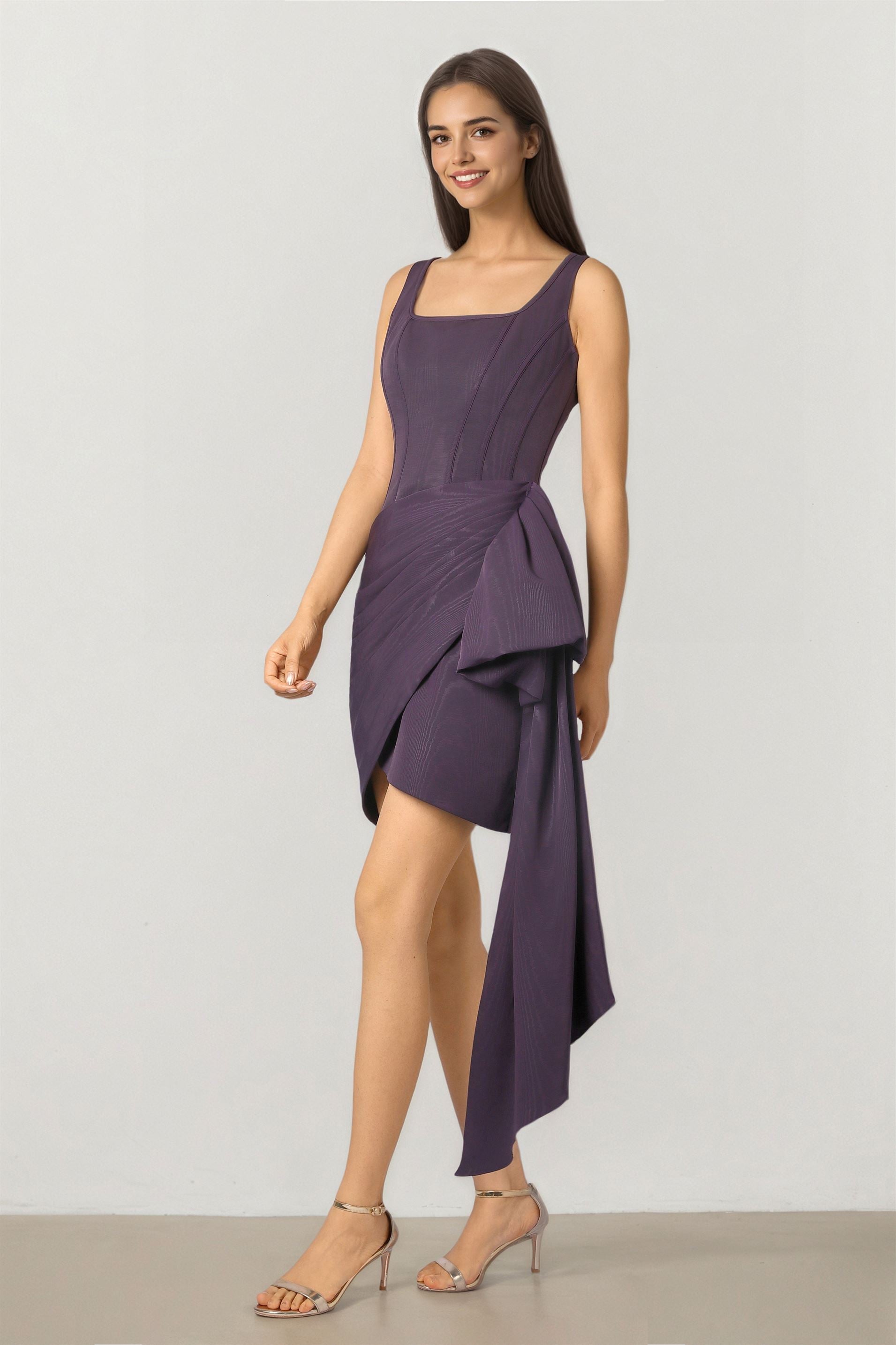 Pleated Drapping With Bow Dress